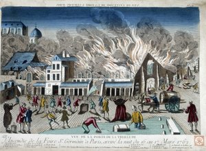 Branden på St. Germain Fair i Paris, natten mellem den 16. og 17. marts 1762 - gravering af French School