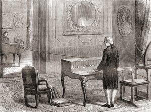 Den første demonstration i 1774 af den elektriske telegraf, opfundet af Georges-Louis Le Sage, fra Les Merveilles de la Science, udgivet ca. 1870 (gravering) af French School