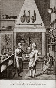 Den første pligt af en Amphitrion (amphitryon) - gravering i "" Almanach af gourmeter, tjener som en guide på måder at gøre fremragende kære. Af en gammel amatør"" af Alexandre Balthazar Laurent Grimod de la Reyniere - 1804-1812 af French School