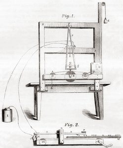 Den første elektriske telegraf opfundet af Samuel Morse i 1837, fra Les Merveilles de la Science, udgivet ca. 1870 (gravering) af French School