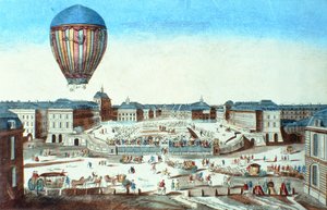 Den første flyvning af Pilatre du Roziers varmluftballon, opkaldt efter dens sponsor, M. Montgolfier, i Versailles den 23. juni, 1784 af French School