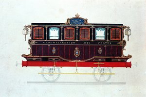 Den første postvogn i Frankrig, ca. 1830-48 (pen & blæk og wc på papir) af French School