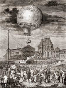 Aérostat Réveillons flyvning den 19. september 1783 af Montgolfier-brødrene i Versailles, Frankrig, før kong Louis XVI af Frankrig og dronning Marie Antoinette, fra Les Merveilles de la Science, offentliggjort ca. 1870 (gravering) af French School