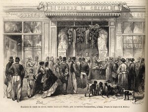 Hesteslagterforretningen ved barriere de Fontainebleau (Paris) åbnede i 1866 - slagteri chevaline - Boucherie Meat de Cheval Boulevard Italien nær barriere de Fontainebleau 1866) Indgravering i "Le monde illustrious" fra 1866 af French School