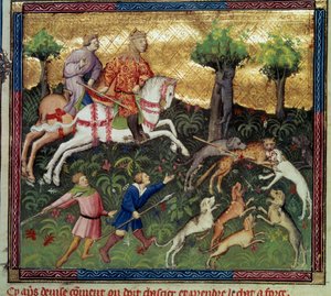 Jagten på vildkat Miniature taget fra ""Jagtens bog"" af Gaston III Phoebus, greve af Foix, Lord of Bearn (1331-1391) af French School
