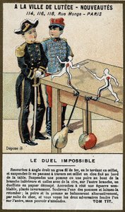 Den umulige duel: børnekort, der forklarer et spil, du kan bygge dig selv. Kromolitografi af det 19. århundrede. af French School