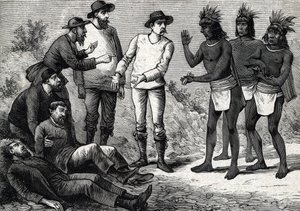 Indbyggerne i Peru hjælper de koloniale europæere, der lider af malaria med Cinchona (gravering) 1888 af French School
