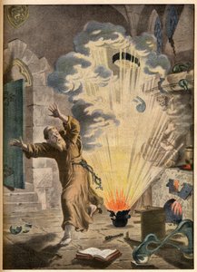 Opfindelsen af krudt af den tyske munk og alkymist Berthold Schwarz (ca. 1318-1384) - Illustrerende opfindelser. Pulveret. Illustration til Le petit Journal, 27. januar 1901. af French School