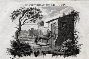Drengen og ulven. Fabel om Esope. (Græsk forfatter Esopo eller Ecopus, 6. århundrede f.Kr.) Skrevet af Guillaume Montfort og Gravees af Beauble i 1801. af French School