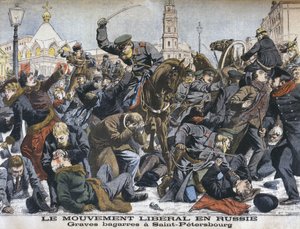 Den liberale bevægelse i Rusland, voldelige slagsmål i St. Petersborg, illustration fra Le Petit Journal: Supplement illustre, 25. december 1904 af French School