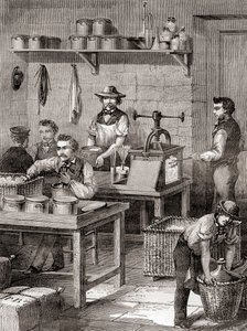 Fremstillingen af våbenbomuld i det 19. århundrede, fra Les Merveilles de la Science, udgivet ca. 1870 (gravering) af French School