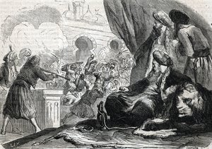 "Massakren af janitsjarernes hær i 1826 af Sultan Mahmoud II, Konstantinopel" (gravering) 1864 af French School