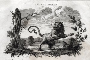 Midderne. Fabel om Esope. (Græsk forfatter Esopo eller Ecopus, 6. århundrede f.Kr.) Skrevet af Guillaume Montfort og Gravees af Beauble i 1801. af French School