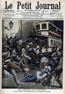 Bussens fejl: en fiakre knust af en bus i Paris-gaden i Amsterdam "Le Petit journal", juni 1907 (gravering) af French School