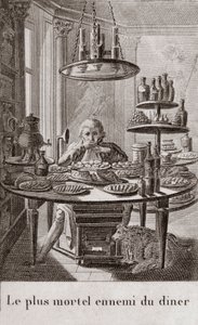 Middagens mest dødbringende fjende - indgravering i "" Almanach af gourmeter, tjener som en guide på måder at gøre fremragende kære. Af en gammel amatør"" af Alexandre Balthazar Laurent Grimod de la Reyniere - 1804-1812 af French School
