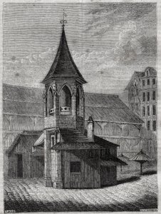 Hallernes søjle i det 18. århundrede, bygget på de uskyldiges gamle kirkegård - Indgravering i "Paris fysiske, civile og moralske historie: fra de tidligste historiske tider til i dag" af Jacques Antoine Dulaure af French School