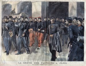 Postbudene strejker: soldater og kommunale vagter anklaget for omdeling af breve i Paris. Indgravering af 1899 i "" La petite Gironde"" af French School