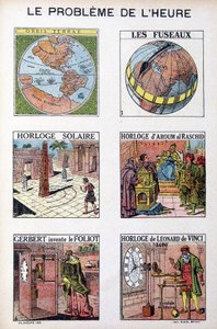 Tidens problem: Orbis Terrea, spindlen, soluret, uret fra Aroum Al Racshid, Gerbert opfinder Folioten, uret til Leonardo da Vinci (Leonardo da Vinci) - gravering, deb. 20. århundrede af French School