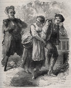 Martin Guerres tilbagevenden (ca. 1524 omkring 1560): han dukkede op foran sin kone, Bertrande de Rols, og den, der havde tilranet sig hans identitet, bedrageren Arnaud du Tilh (Thil). Indgravering fra 1871 i "Histoire Des Cocus Celebres" af Henry de Kock  af French School