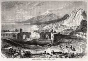 Ruinerne af det antikke teater i Taormina (Tauromenium), ved foden af Taurus-bjerget, med udsigt over den moderne landsby Giardini og Etna, tegning af Adolphe Rouargue (1810-187?) og Emile Rouargue (ca1795-1865) for at illustrere Felix Bourquelots dag af French School