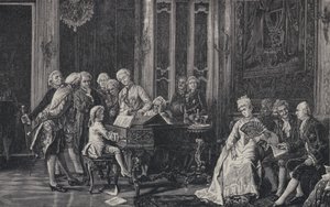 Den syv år gamle Wolfgang Amadeus Mozart spiller foran kong George III i London, 1764 af French School