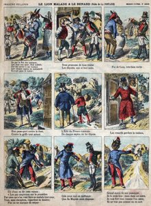 Den syge løve og ræven. Fabler af Jean de La Fontaine (1621-95). Epinal billeddannelse fra slutningen af det 19. århundrede. af French School