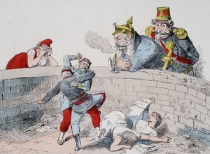 Situationen - Gauillaume: Vi skal hjælpe skøre mennesker, Badingue (Napoleon III): Lad dem gøre min bror, det bliver tid til at gribe ind, når de (pariserne) har fortæret sig selv. Tegnefilm om kommunen. af French School