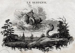 Slangen. Fabel om Esope. (Græsk forfatter Esopo eller Ecopus, 6. århundrede f.Kr.) Skrevet af Guillaume Montfort og Gravees af Beauble i 1801. af French School