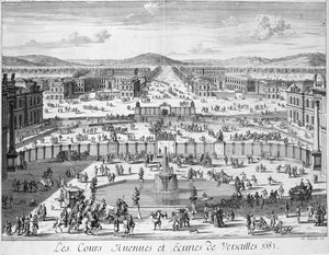 Staldene og portene i Versailles set fra paladset, 1683 af French School