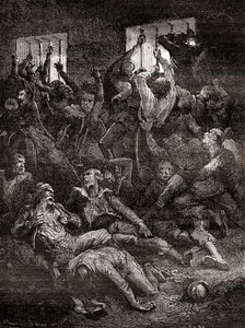 Lidelser og død på grund af dårlig ventilation af engelske fanger i Calcuttas sorte hul, et lille fangehul i det gamle Fort William i Calcutta, Indien, hvor tropper fra Nawab i Bengal, Siraj ud-Daulah, holdt britiske krigsfanger efter c af French School
