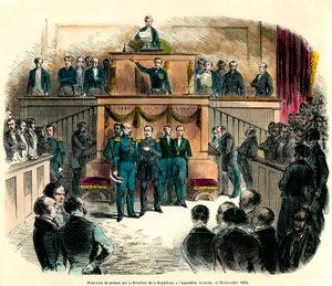 Indsættelsen af Louis Napoleon III (Louis-Napoleon), som officielt blev udråbt til republikkens præsident, ved nationalforsamlingen den 20. december 1848. Han lover "at forblive tro mod den ene og udelelige Demokratiske Republik og at opfylde alle af French School