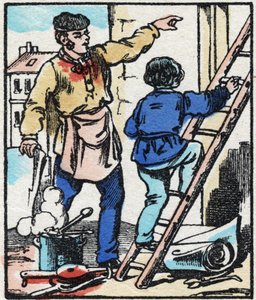 Kribleren. Indgravering i "" La chanson des metier"". Epinal billeddannelse, slutningen af det 19. århundrede. Privat samling af French School