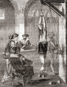 Torturen af en kvinde anklaget for hekseri i middelalderen, fra Les Merveilles de la Science, udgivet ca. 1870 (litho) af French School