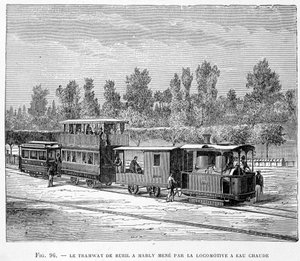 Sporvognen fra Rueil til Marly, ført af varmtvandslokomotivet - i "" The new conquests of science"" af Louis Figuier af French School