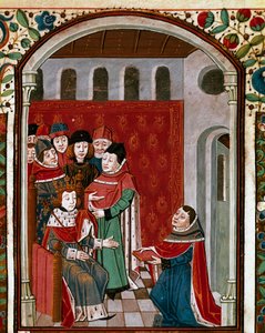 Oversætteren John de Meung (eller Clopinel eller Chopinel) (1240-1305) donerer sit værk til kong Filip IV den smukke (1268-1314). Miniature taget fra "" De Consolatione Philosophiae"" af den latinske filosof Boece (Boetius) (475-520), oversat af Jean d. af French School