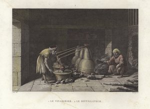 Eddikemageren passer på sine stillbilleder (farvegravering) af French School