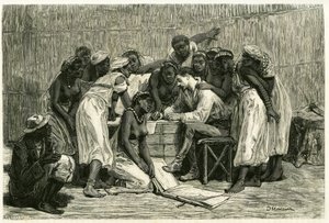 Besøget af dronningerne, kong Sepopos seksten koner, i Dr. Holubs æske. Gravering af D.Maillard, for at illustrere historien "Au pays des Marutses"", i 1875-1879, af Dr. Emile Holub (1847-1902). Udgivet i Tour du monde, 2. semester 1883, redigeret af French School