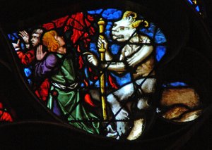 Vinduet med vestrosen viser en scene fra Åbenbaringens Bog: lam på Sions bjerg med to af de 144.000, forløst (14:1-5). af French School