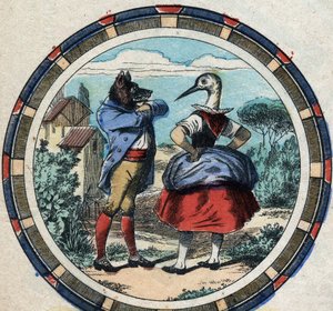 Ulven og storken. Fabler af Jean de La Fontaine (1621-95). Epinal billeddannelse fra slutningen af det 19. århundrede. af French School