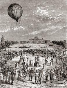 Verdens første brintballon, opsendt over Champs de Mars, Paris, Frankrig i 1783, fra Les Merveilles de la Science, udgivet ca. 1870 (gravering) af French School