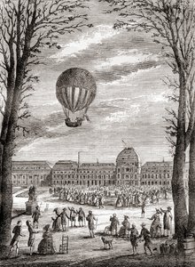Verdens første bemandede brintballonflyvning over Champs de Mars, Paris, Frankrig den 1. december 1783, styret af Nicolas-Louis Robert og professor Jacques Charles, fra Les Merveilles de la Science, udgivet ca. 1870 (stik) af French School