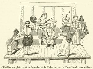 Teater i det fri i Mondor og Tabarin, på Pont-Neuf, omkring 1630 (gravering) af French School