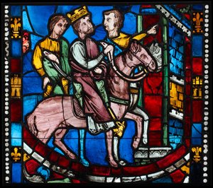 Theodosius ankommer til Efesos, fra en scene fra legenden om de syv sovende i Efesos, ca. 1200–10 (Glademetalglas, glasagtig maling) af French School
