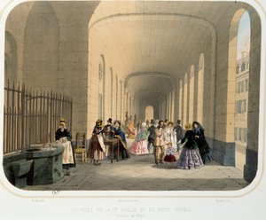 Termalisme: "" udsigt over kilden til det store gitter og Chomel-brønden, galleri i nord"" Litografi af Paris fra det 19. århundrede. Dekorativ kunst af French School