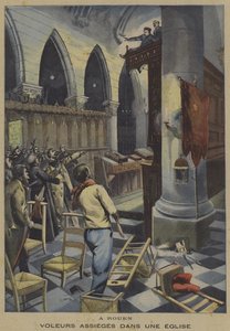 Tyve belejret i en kirke i Rouen (farve litho) af French School