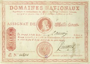 Tusind livre seddel med et billede af Ludvig XVI (1754-93) 1790 af French School
