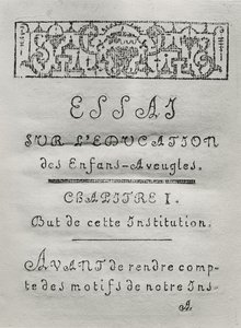 Titelside til det første kapitel af Essai sur leducation des aveugles af Valentin Hauy (1745-1822) udgivet i 1786 af French School