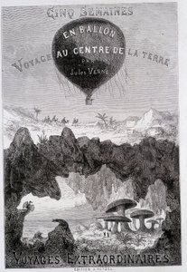 Titelside: "" Five Weeks in Balloon" og "Journey to the Center of the Earth"" af Jules Verne, sd. Editions Hetzel under det generelle navn "" Les Voyages Extraordinary"" af French School