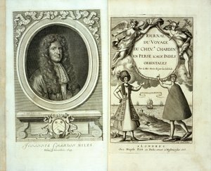 Titelblad og frontispice-portræt af Journal du Voyage de Chevalier Chardin en Perse et aux Indes Orientales af Jean Chevalier Chardin, 1686 af French School