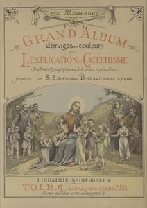 Titelside for stort album af farvede billeder til forklaring af katekismen (farve litho) af French School